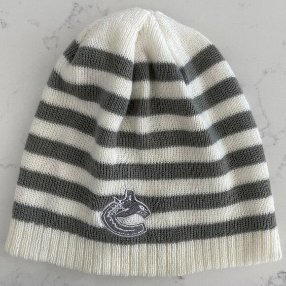 NHL Vanc Canucks Neutral Striped Knit Acrylic Toque Grey Off White/Cream SZ OS - Picture 1 of 5